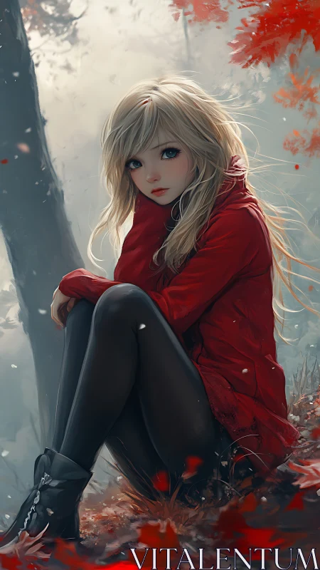 Silent girl in red coat cradling autumn’s last embers of warmth.
