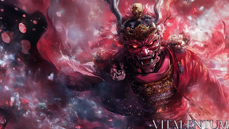 Horned armored demon figure amid red swirling energy field.