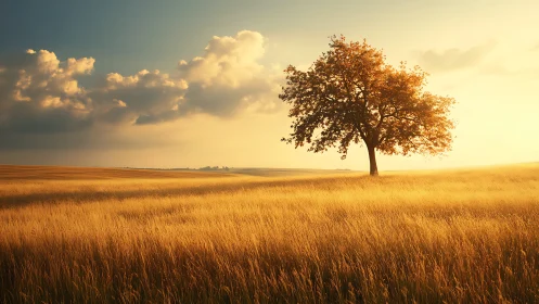Solitary summer tree leans into a river of molten wheatlight