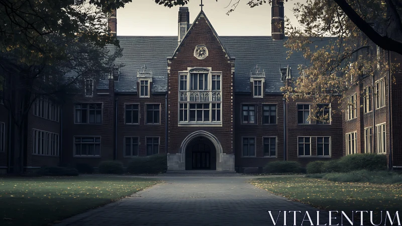 Moody neo-Gothic college courtyard under overcast light.