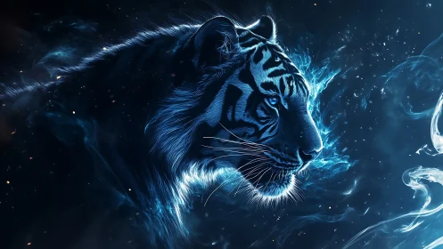 Bioluminescent tiger profile in ionized nebular vapor field.