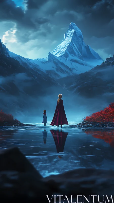 Kindred travelers pausing by a moonlit mountain lake.