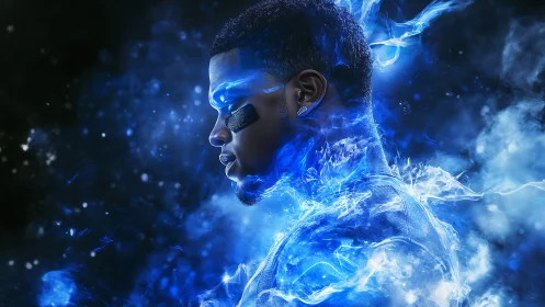 Cinematic cyber-athlete portrait radiates electric blue energy