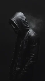 Hooded shadow exhales quiet smoke in slick black leather night