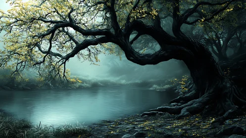 Ancient forest tree leans protectively over a misty pond