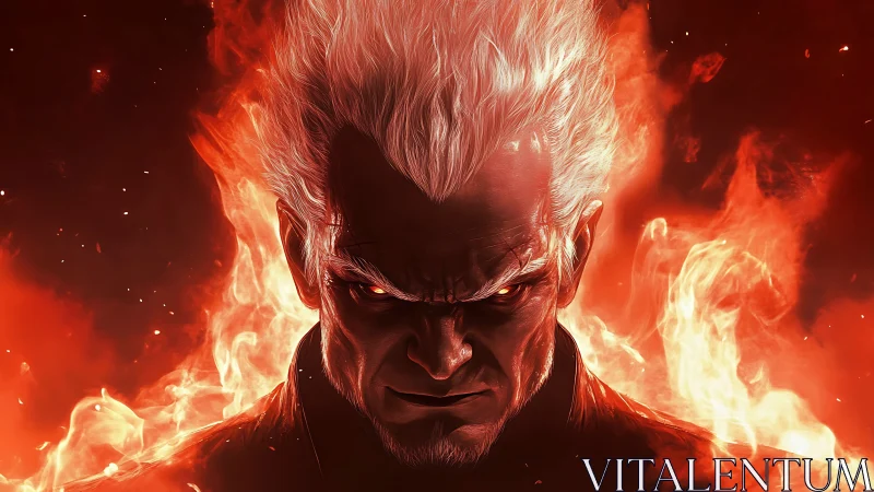 Inferno-eyed antihero crowned in storm-white firestorm wrath.