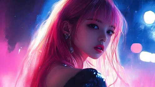 Pink haired woman rendered in neon backlit digital portrait