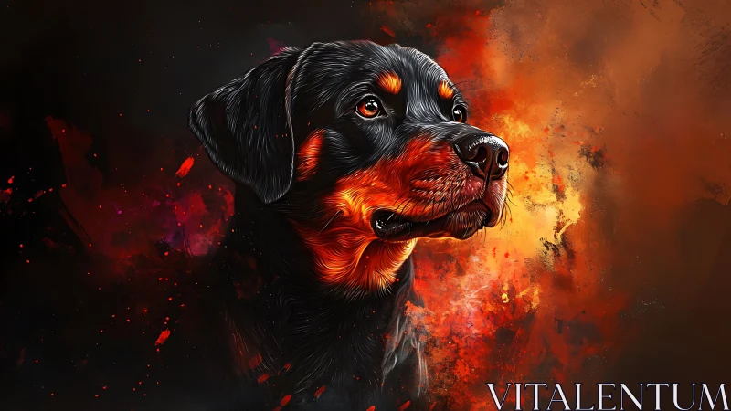 Rottweiler portrait rendered in fiery abstract digital painting