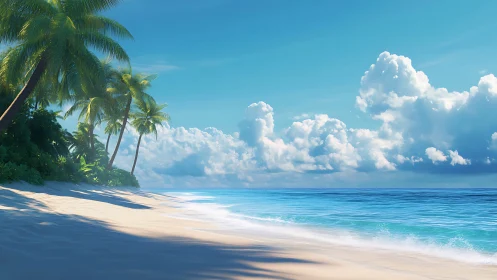 Tropical beach scene with palm trees, white sand, and cumulus cloud formations.