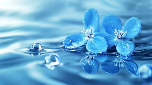 Blue flowers with water droplets on reflective water surface.