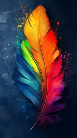 Radiant rainbow feather rests softly on deep blue canvas