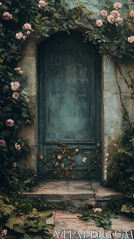 Weathered blue door framed by roses and creeping vines.