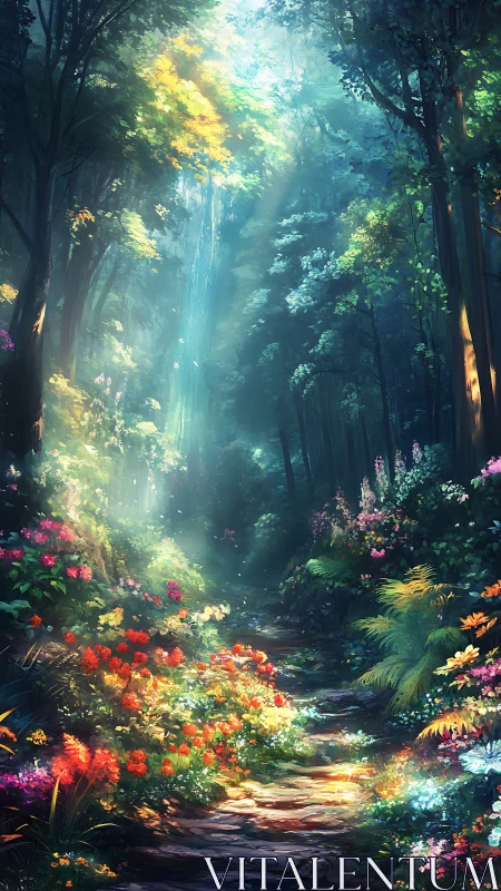 Luminescent Forest Pathway: Enchanted Garden Through Canopy.