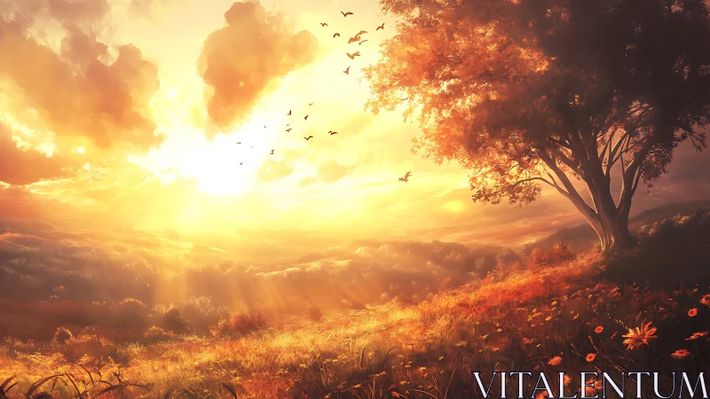 Golden sunrise floods a tranquil meadow with radiant warmth