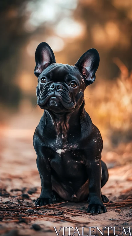 Black French bulldog sits on sunlit forest path portrait