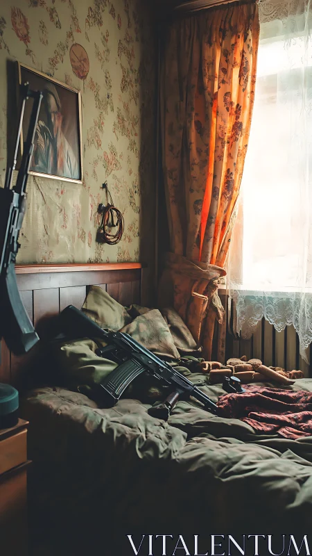 Rifle rests on unmade bed in dimly lit floral bedroom