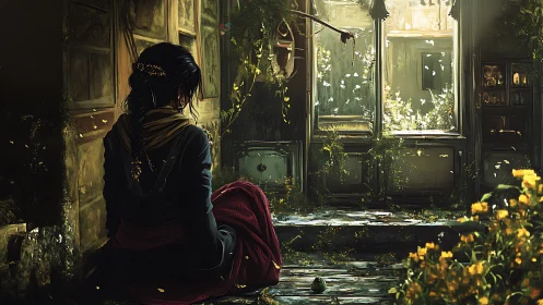 Solitary woman in overgrown sunlit room rendered in digital chiaroscuro