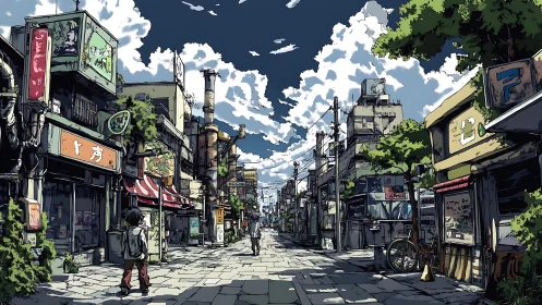 Sunlit anime backstreet stretches into a cloud-splashed sky