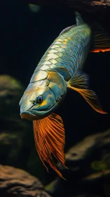 Golden arowana glides through shadowed freshwater cavern.
