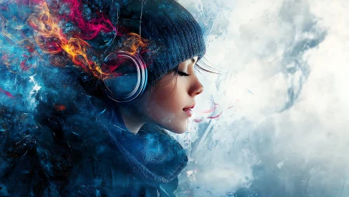 Profile portrait with headphones in fiery ice abstraction.
