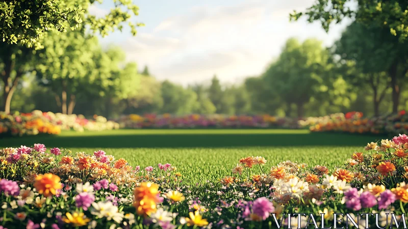 Sunlit floral lawn framed by blurred trees in shallow focus field