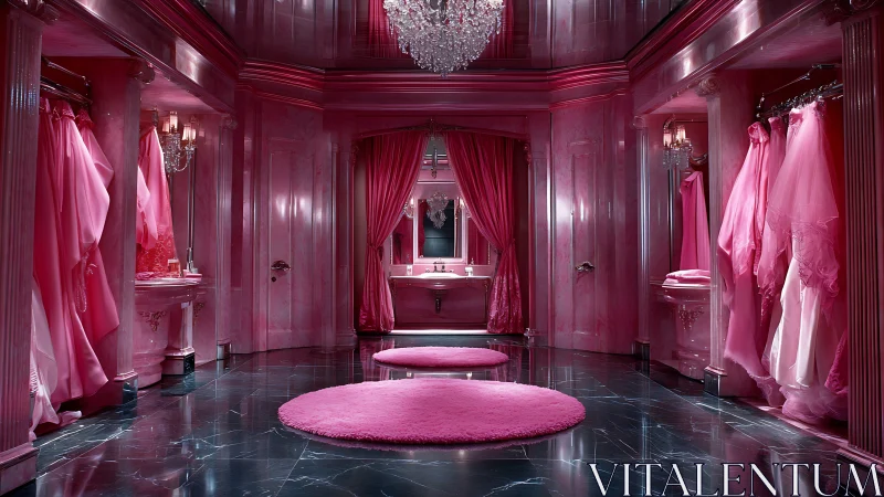 Symmetric fuchsia couture dressing chamber with marble contrast.