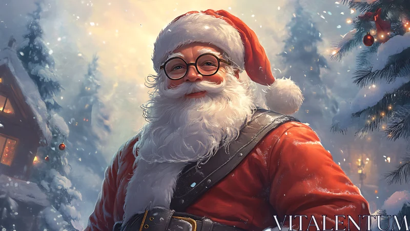 Photorealistic Santa Claus portrait in snowy forest scene.