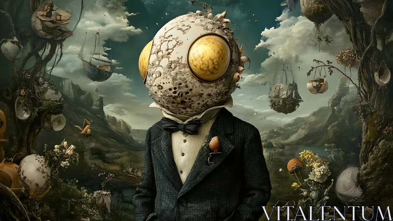 Surreal insect-headed gentleman amid floating botanical vessels.