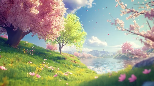 Spring lakeside landscape with luminous cherry blossoms