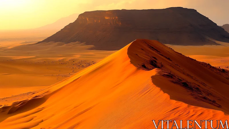Sunlit crescent sand dune ridge before basalt desert mesa