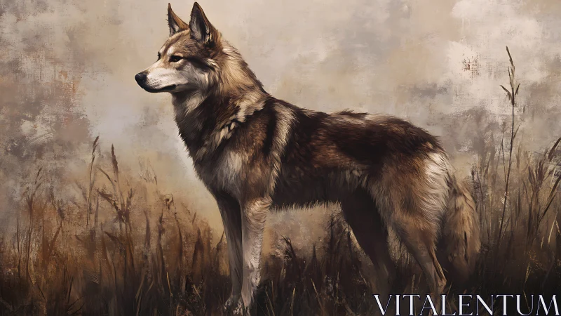 Digital rendering shows a standing wolf in muted grassland