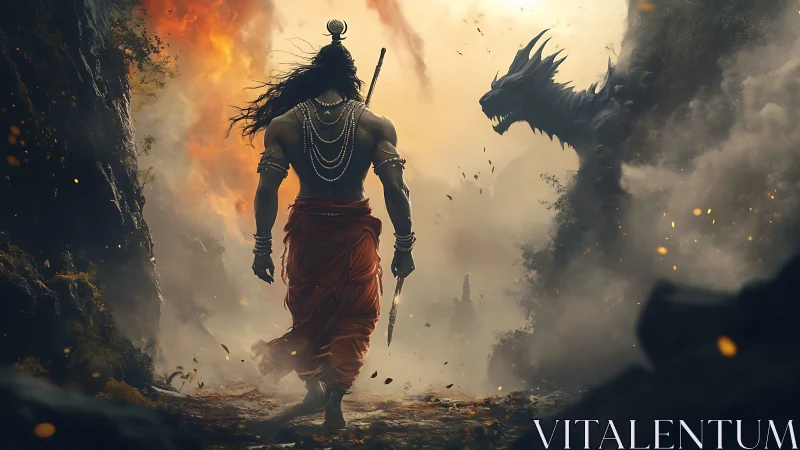 Warrior stands before dragon in dense smoke and fire