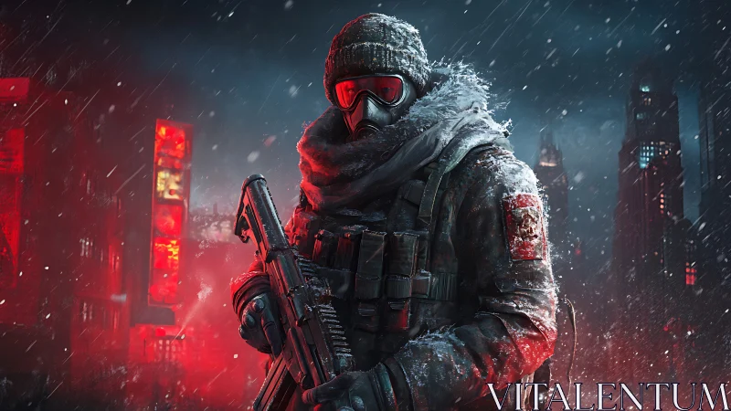 Arctic urban combat sentinel in neon-graded postwar blizzard.