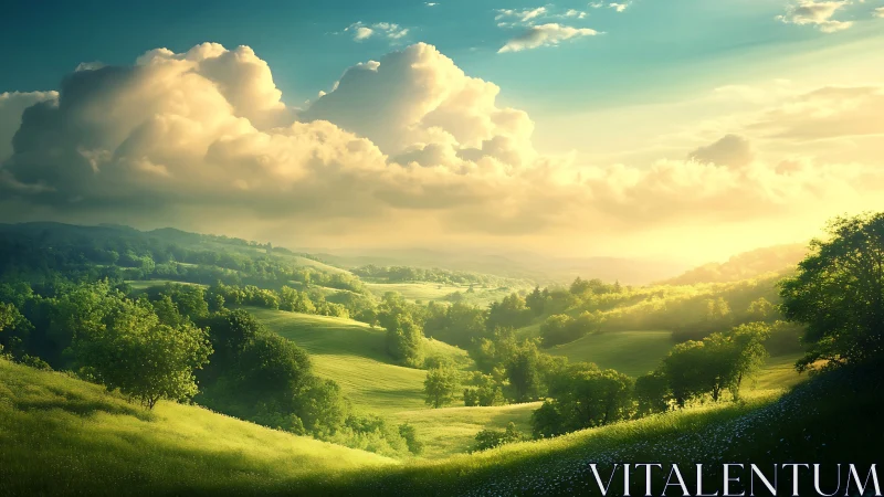 Sunlit valley of rolling green hills and drifting clouds.