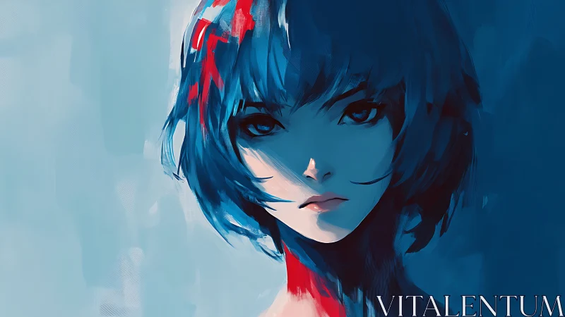 Digital portrait shows blue haired figure in frontal composition