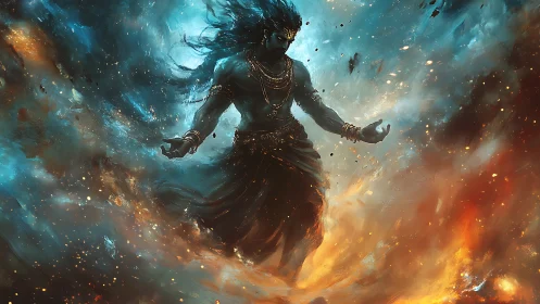 Celestial warrior levitates amid turbulent nebular fire and plasma