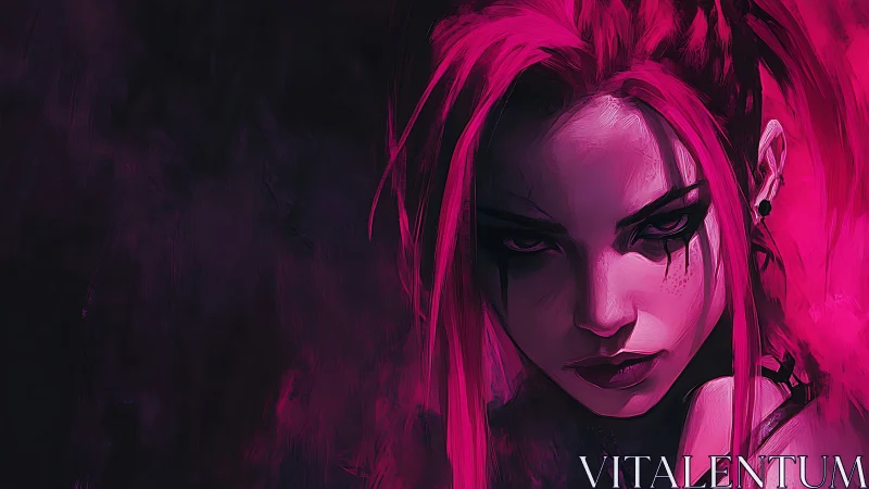 Chromatic close-up of magenta-lit punk heroine portrait.