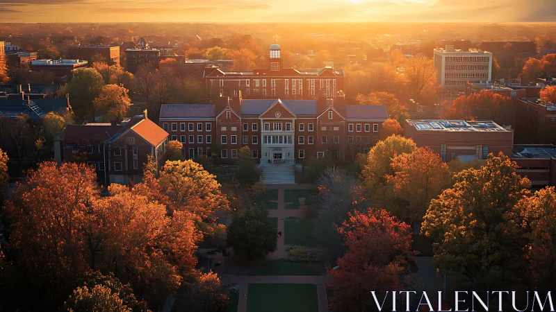 Photorealistic collegiate quad at sunrise with axial symmetry.