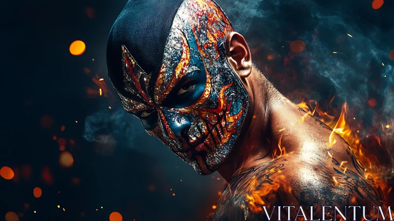 Masked man with fiery paint and sparks in dark studio.