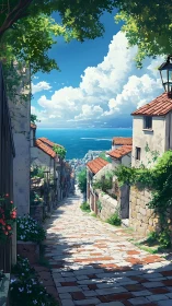 Hillside stone street descending toward coastal horizon.