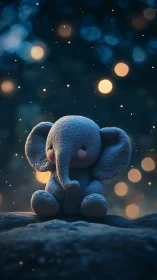 Soft toy elephant under dreamy glowing evening lights.