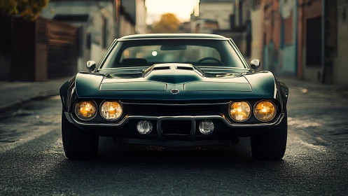 Classic muscle car glowing softly on a quiet city street.