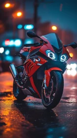 Sport motorcycle stands on wet neon street in cinematic bokeh