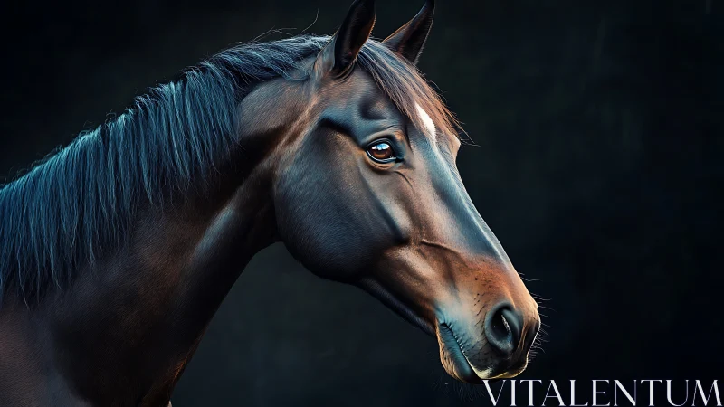 Bay horse portrait in profile on dark studio background.