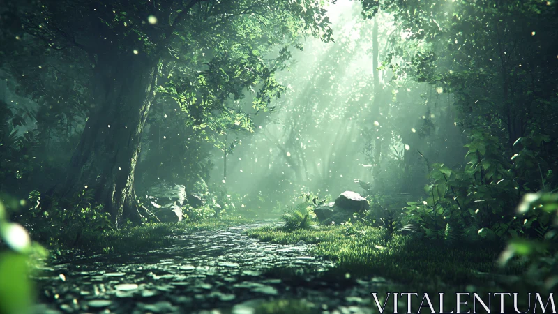 Enchanted Forest Path with Sunlight and Particles.