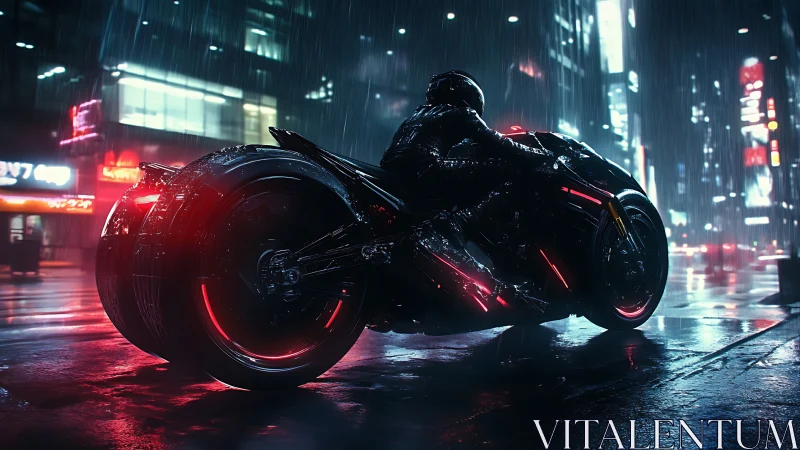 Cyberpunk rider on neon motorcycle in rainy night city.