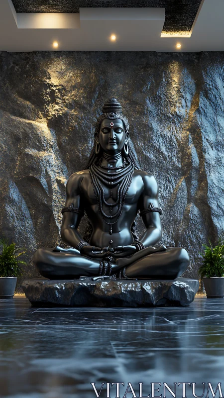 Serene black stone deity statue in a calm modern sanctuary.