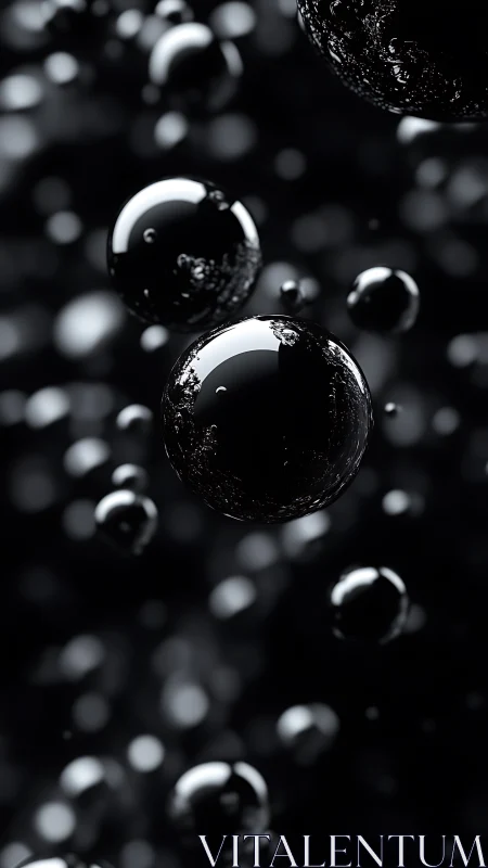 High-gloss black spheres rendered with shallow depth of field bokeh