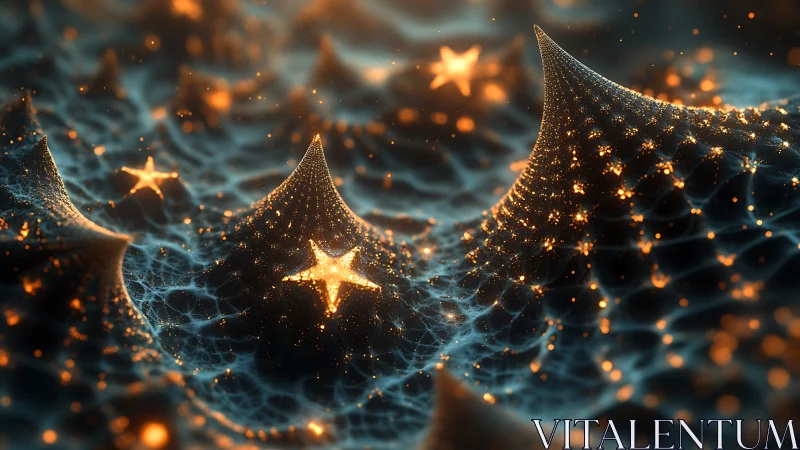 Stellar meshes curve through glowing abstract cosmic field.