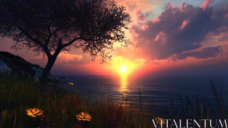 Digital seaside sunset with silhouetted tree and flowers.